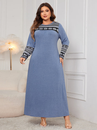 Plus Size Printed Round Neck Long Sleeve Dress