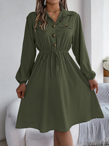 Collared Neck Long Sleeve Dress with Pockets