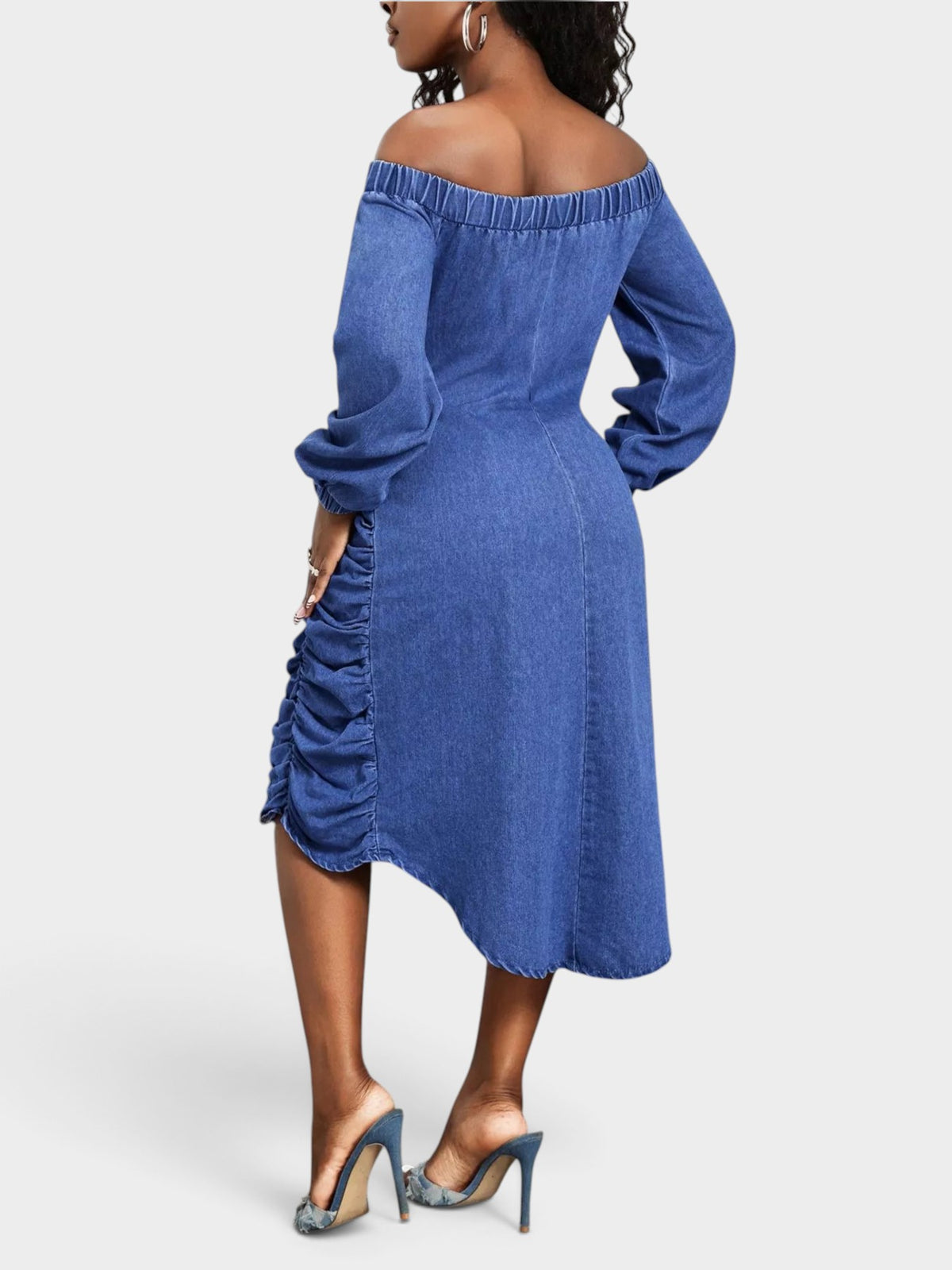Off-Shoulder Ruched Long Sleeve Denim Dress