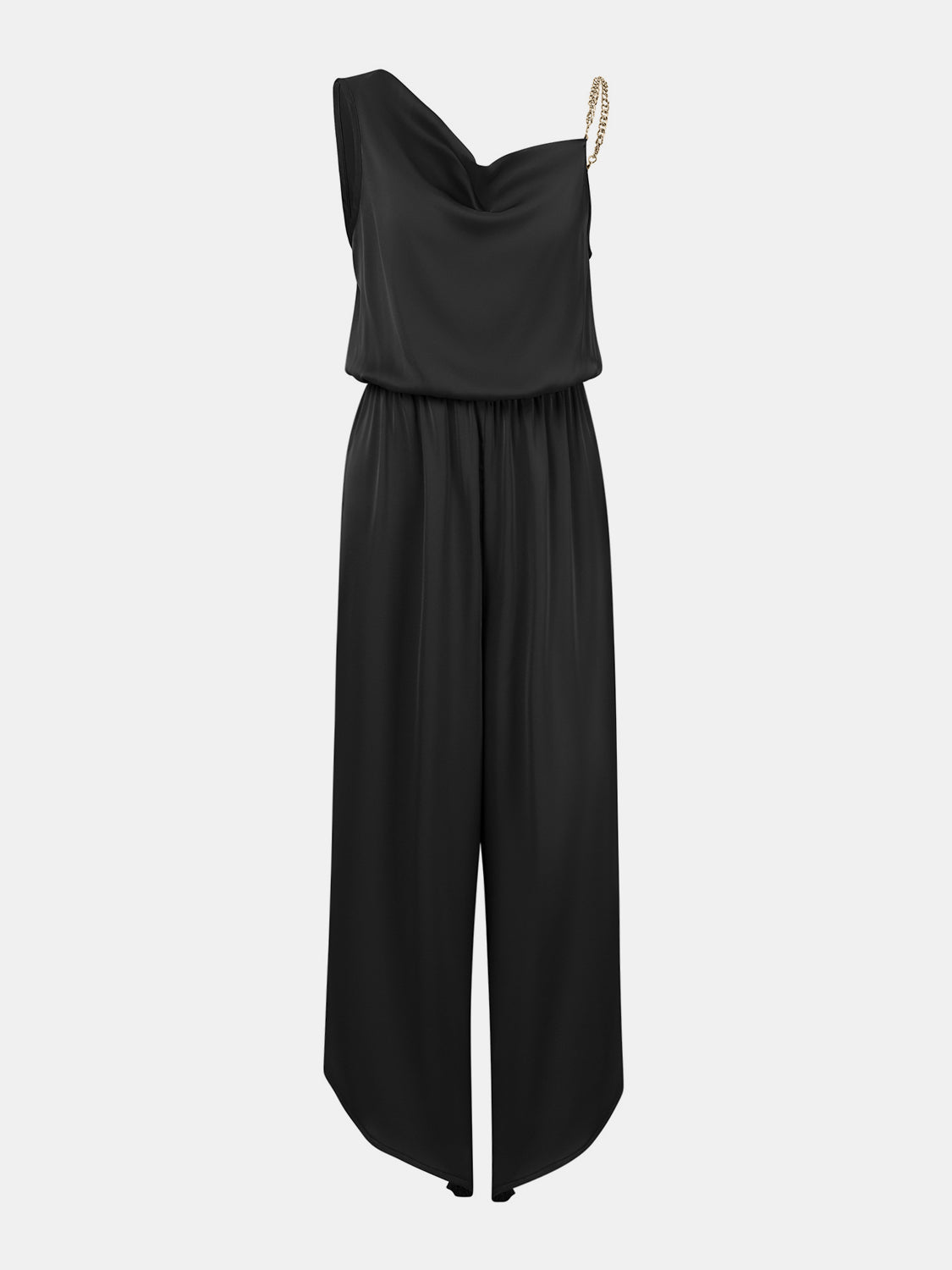 Women's Clothing, Chain Detail Asymmetrical Neck Jumpsuit, Front View Right Black, Rochelle's House