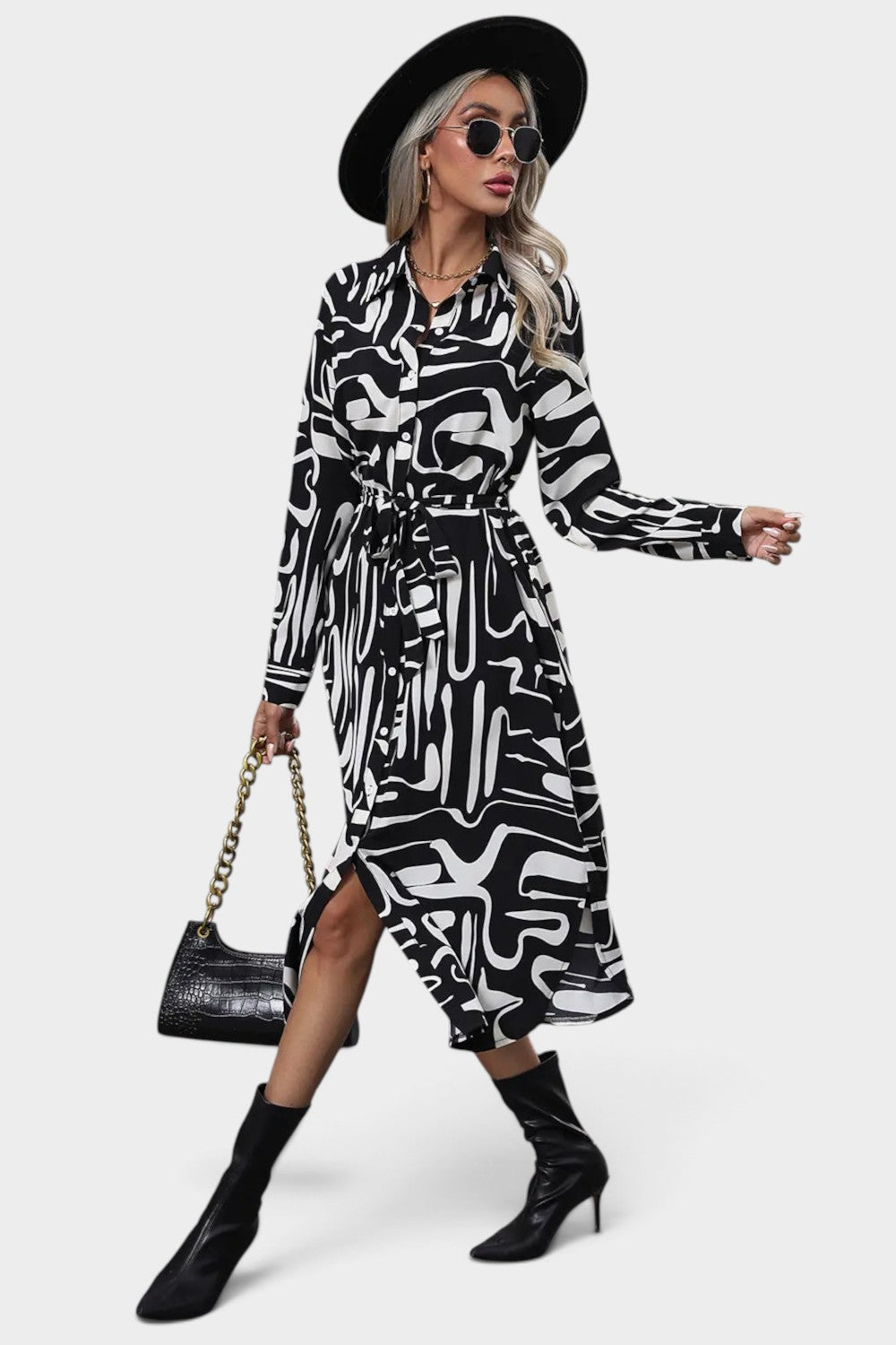 Perfee Printed Tie Front Collared Neck Slit Shirt Dress