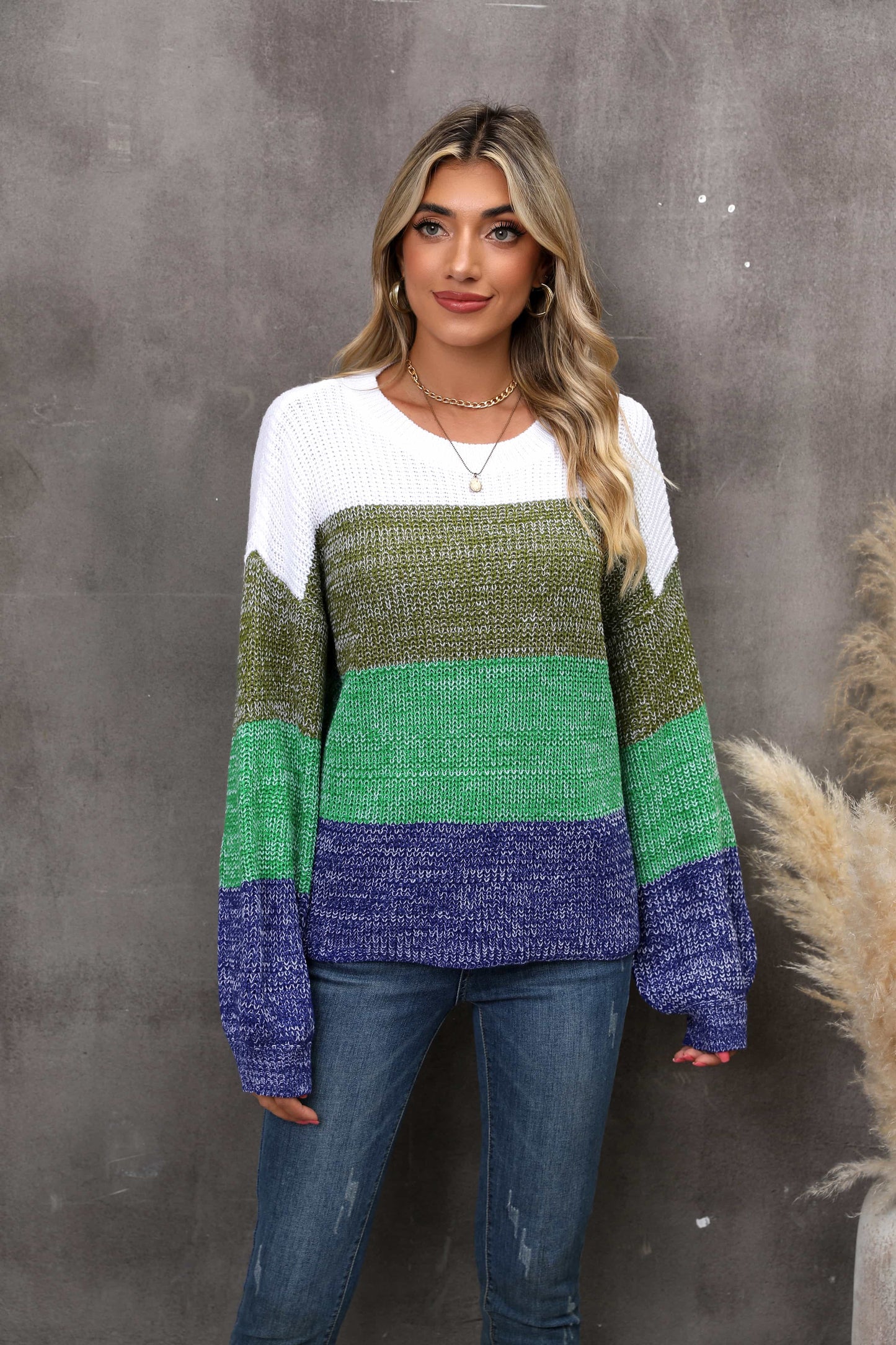 Angel Wings Color Block Round Neck Dropped Shoulder Sweater