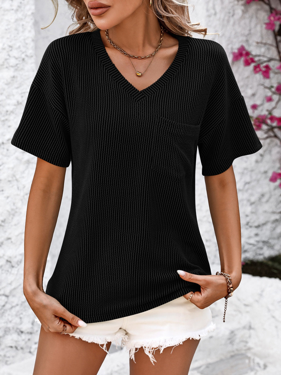 Women's Clothing, V-Neck Dropped Shoulder T-Shirt, Front View both hands in pockets Black, Rochelle's House