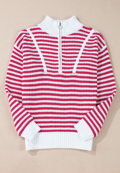 Striped Half Zip Mock Neck Long Sleeve Sweater