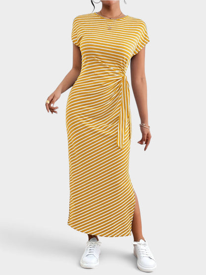 Striped Tie Side Casual Midi Dress