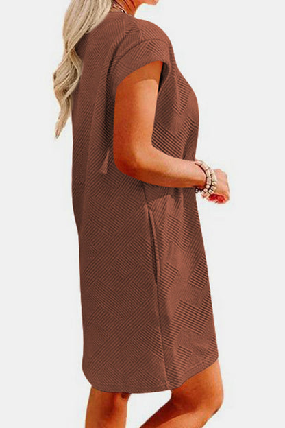 Women's Clothing, Textured Round Neck Cap Sleeve Dress, Side View Chestnut, Rochelle's House