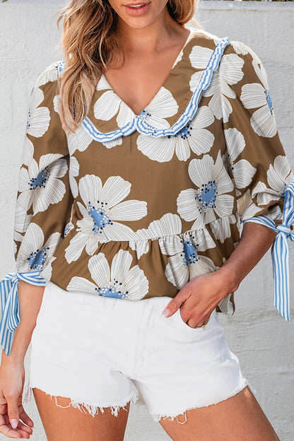 Floral Print Striped Tie Sleeve Blouse