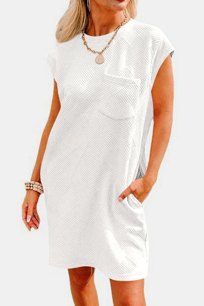 Women's Clothing, Textured Round Neck Cap Sleeve Dress, Front View White, Rochelle's House