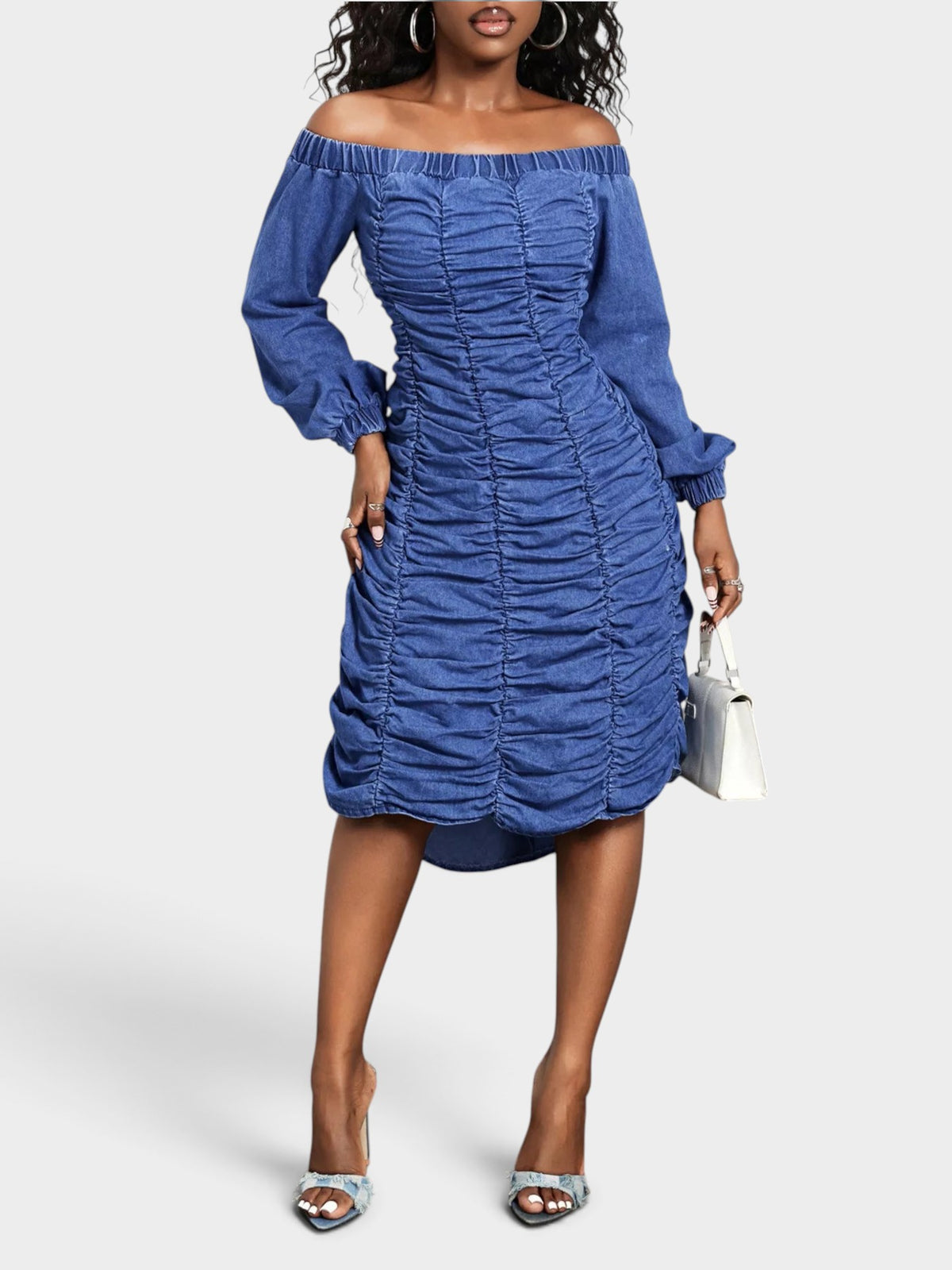 Off-Shoulder Ruched Long Sleeve Denim Dress