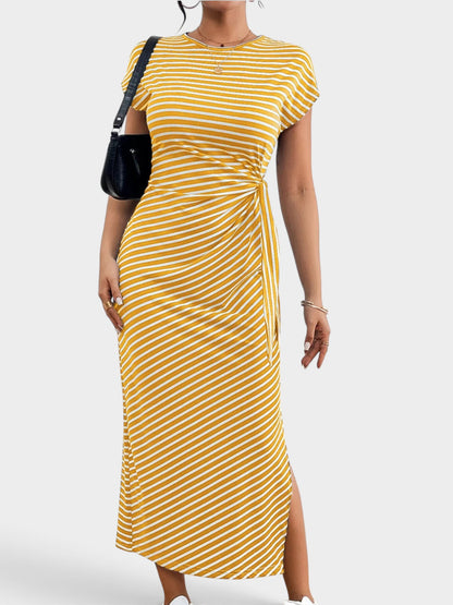 Striped Tie Side Casual Midi Dress