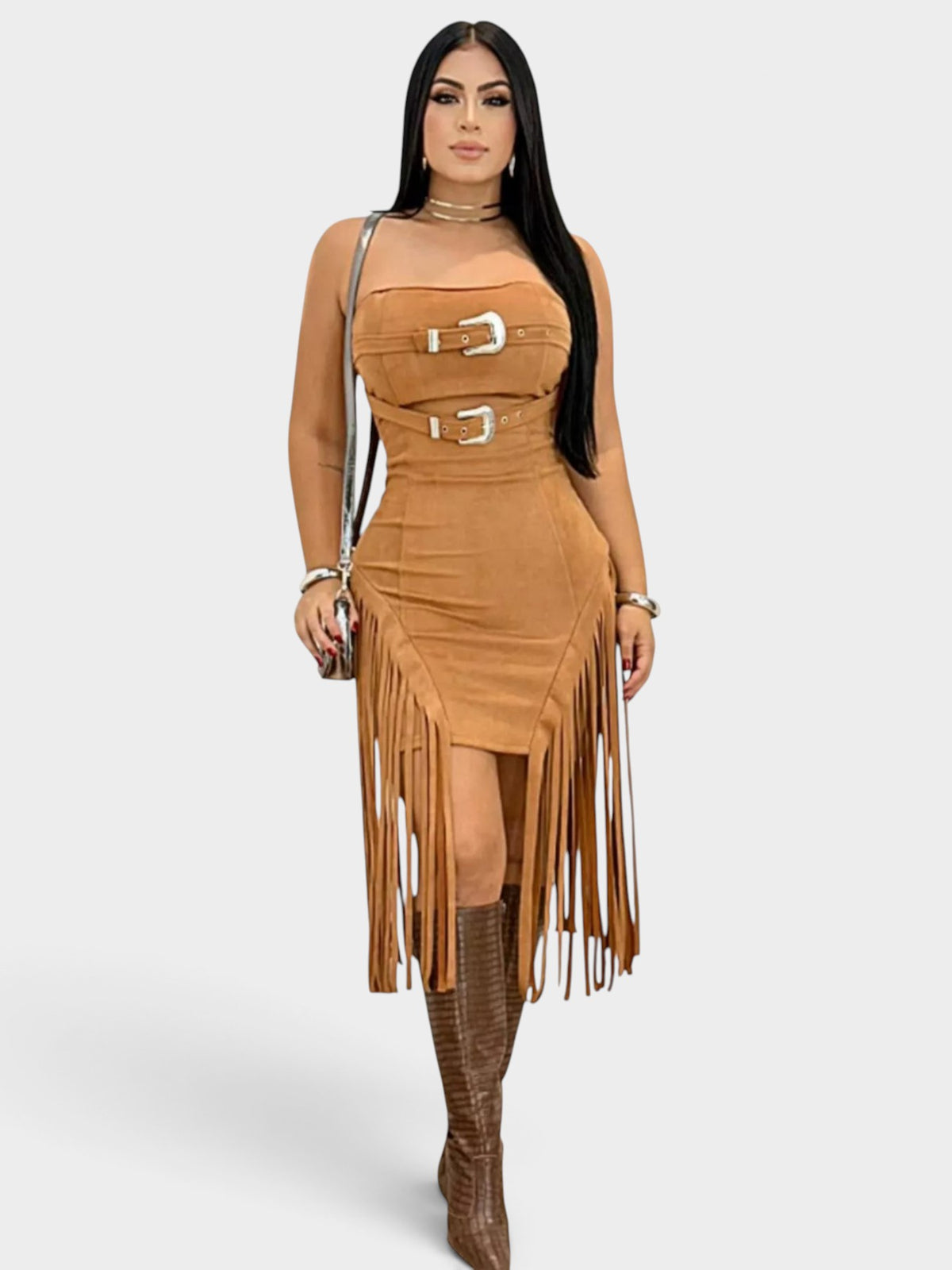 Buckle Detail Fringe Hem Bodycon Dress