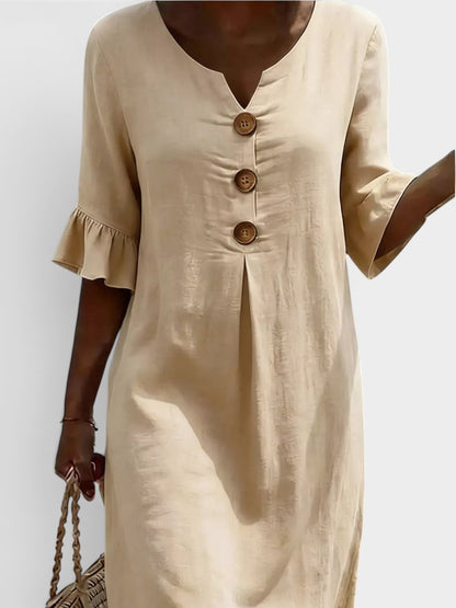 Full Size Button Decor Flounce Sleeve Dress Plus Size