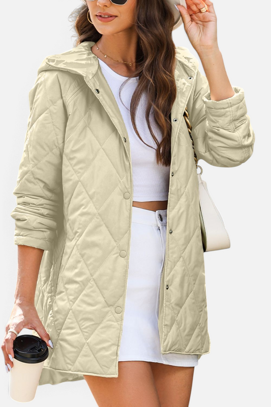Front view of Snap Down Long Sleeve Quilted Winter Coat in Black showing neckline and sleeve details (100% polyester)
