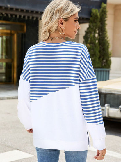 Slit Contrast Striped Long Sleeve Sweatshirt