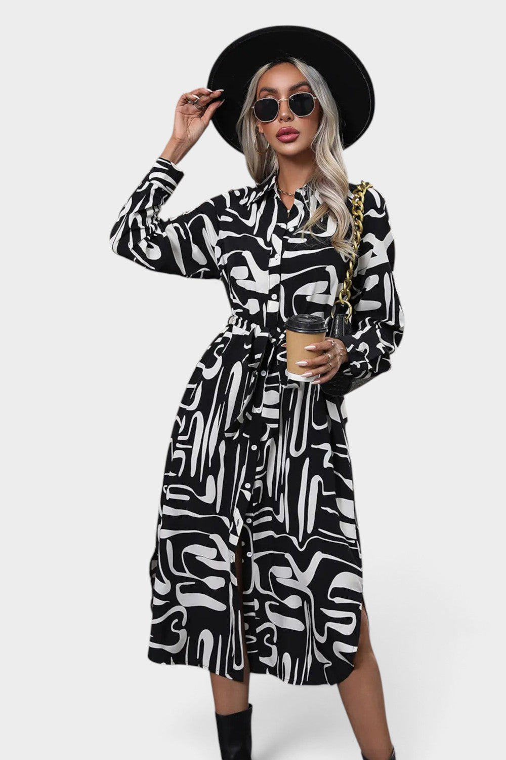 Perfee Printed Tie Front Collared Neck Slit Shirt Dress