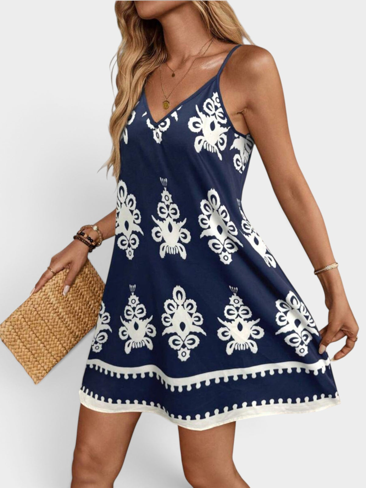 Printed V-Neck Sleeveless Mini Dress