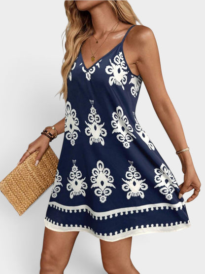 Printed V-Neck Sleeveless Mini Dress