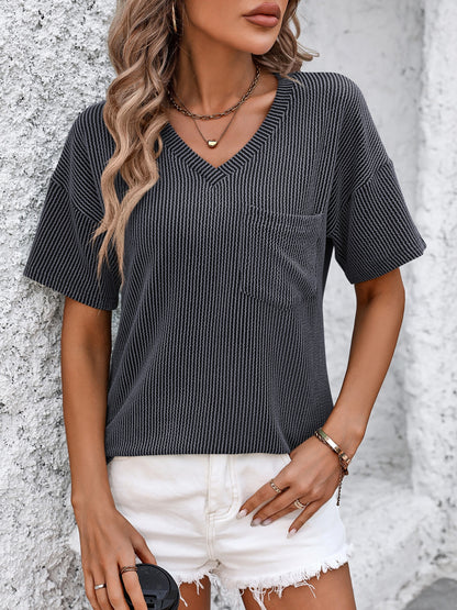 Women's Clothing, V-Neck Dropped Shoulder T-Shirt, Front Side hand in pocket Charcoal, Rochelle's House