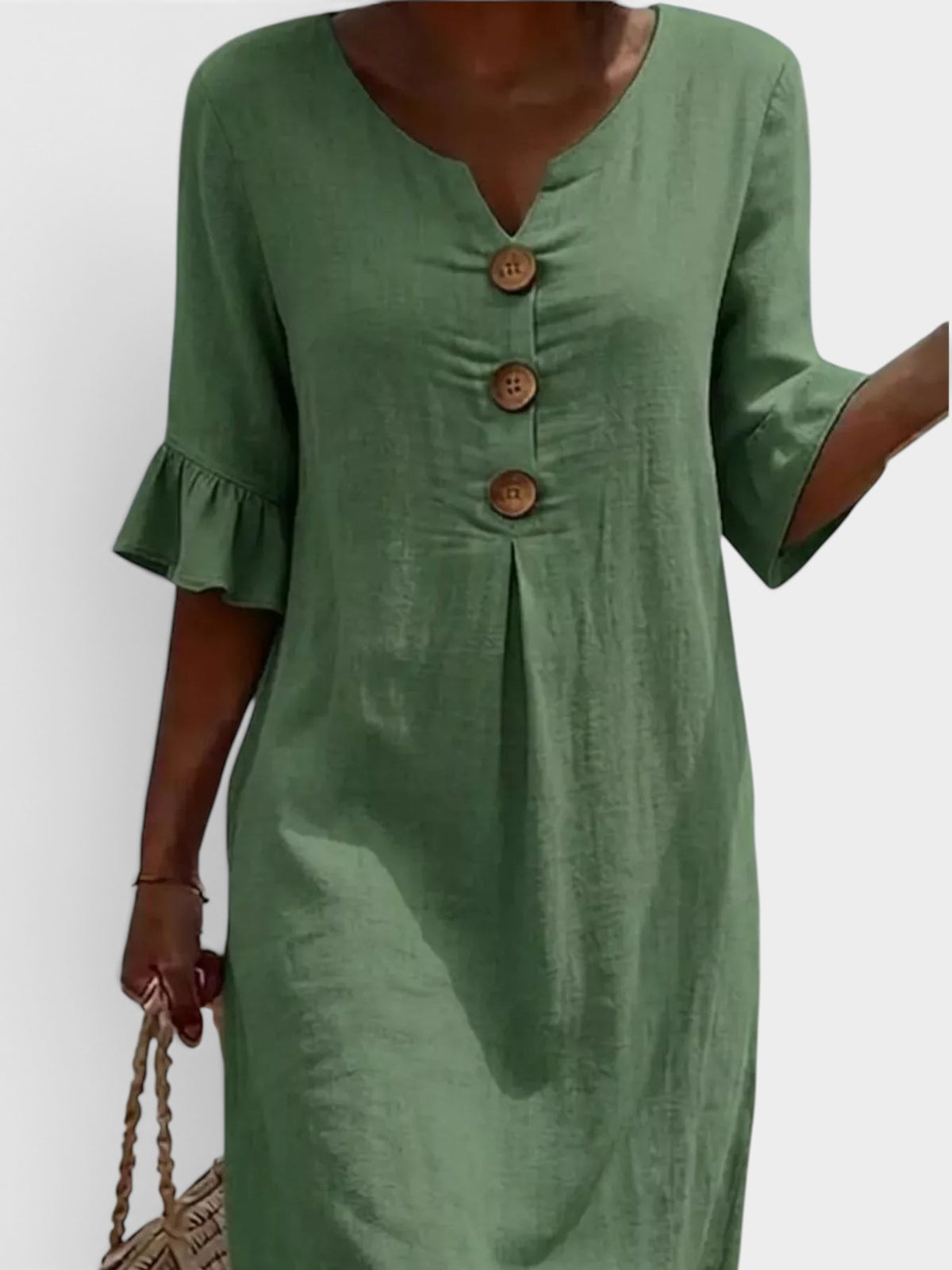 Full Size Button Decor Flounce Sleeve Dress Plus Size