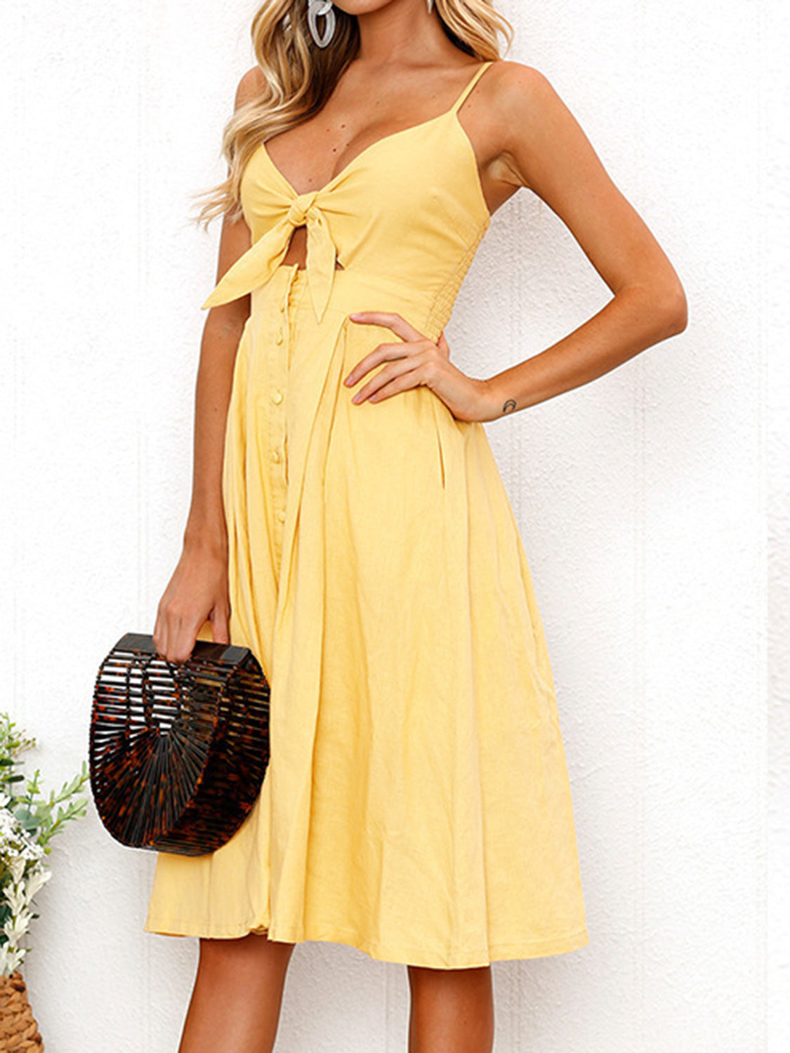 Women's Clothing, Cutout Smocked Sweetheart Neck Cami Dress, Front View Hand on side, Mustard, Rochelle's House