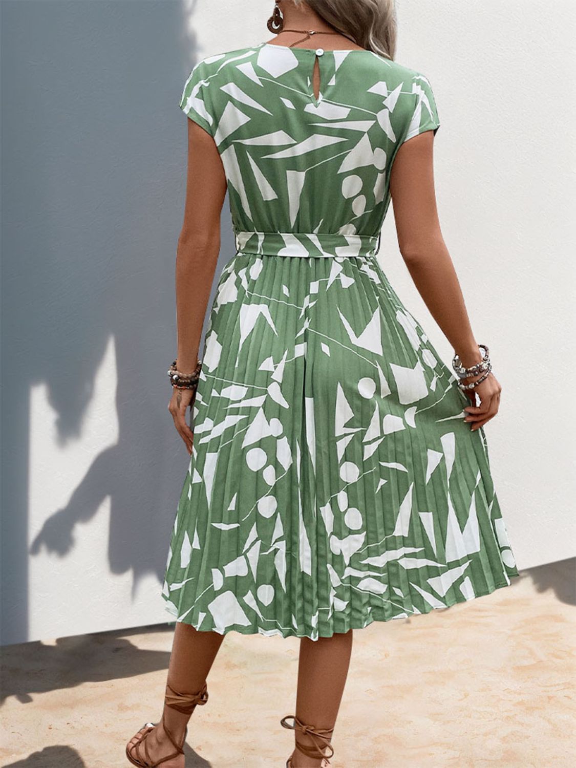 Perfee Tied Pleated Printed Cap Sleeve Dress