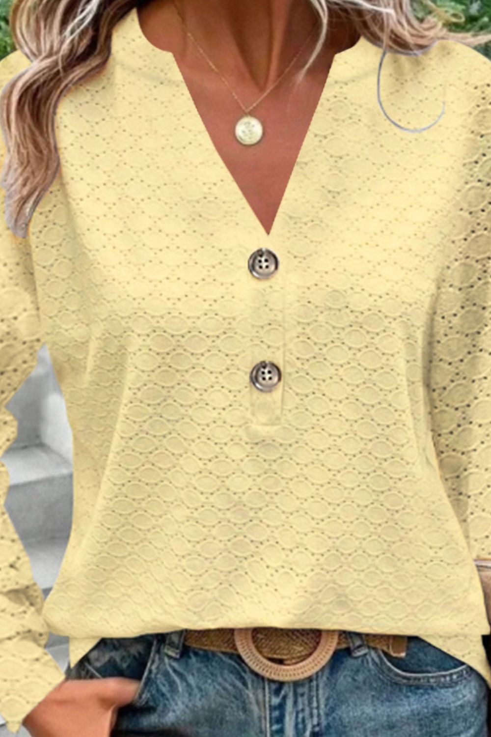 Eyelet Notched Long Sleeve T-Shirt