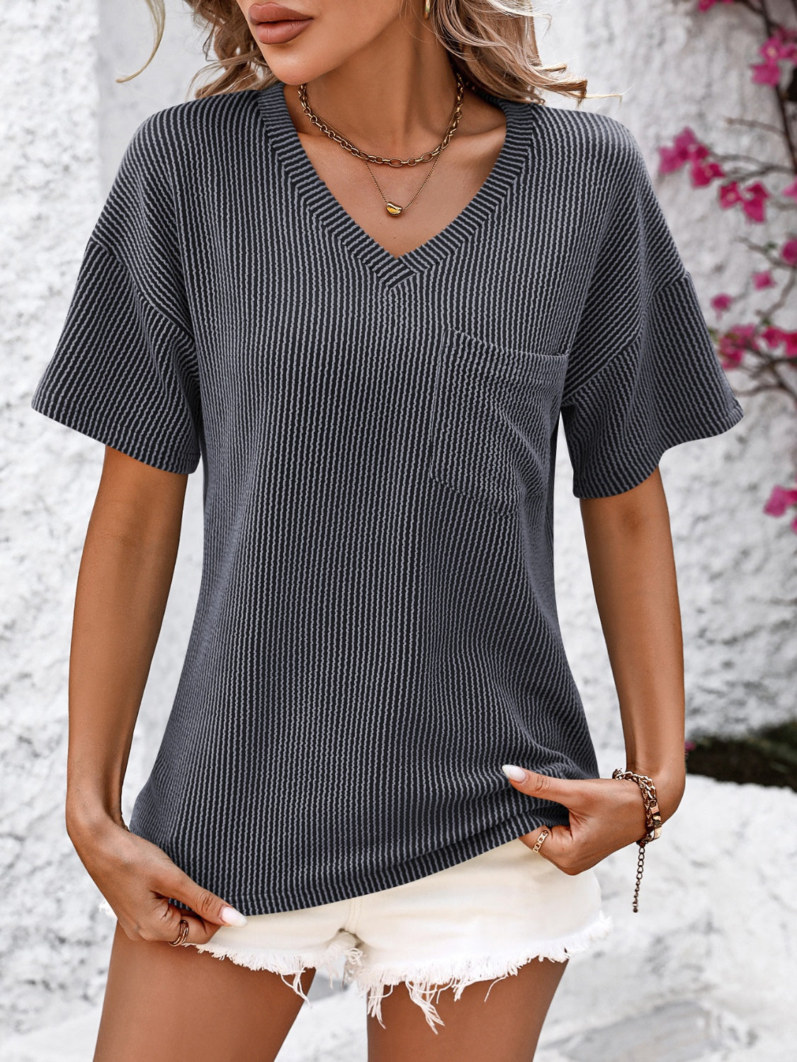 Women's Clothing, V-Neck Dropped Shoulder T-Shirt, Front View both hands in pockets Charcoal, Rochelle's House