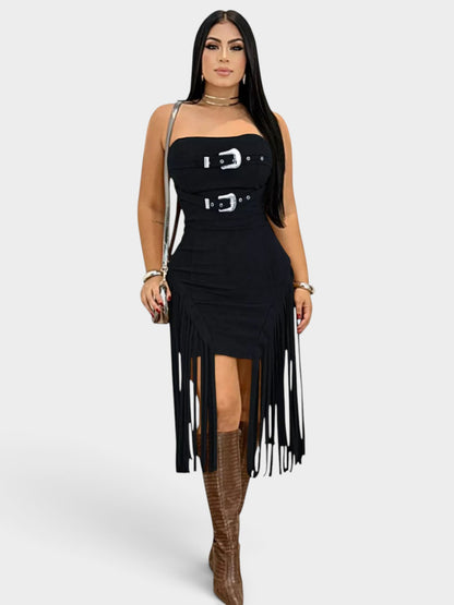 Buckle Detail Fringe Hem Bodycon Dress
