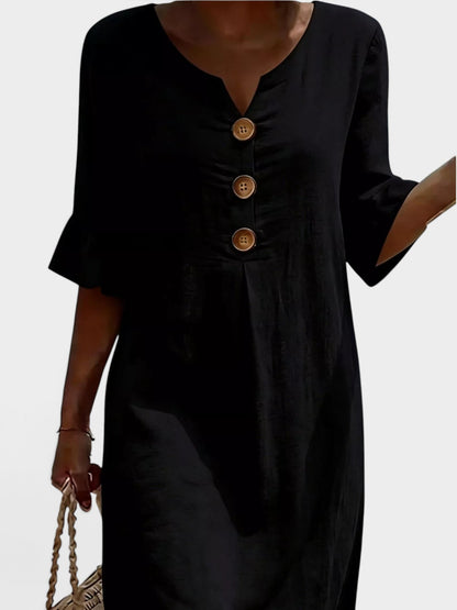 Full Size Button Decor Flounce Sleeve Dress Plus Size