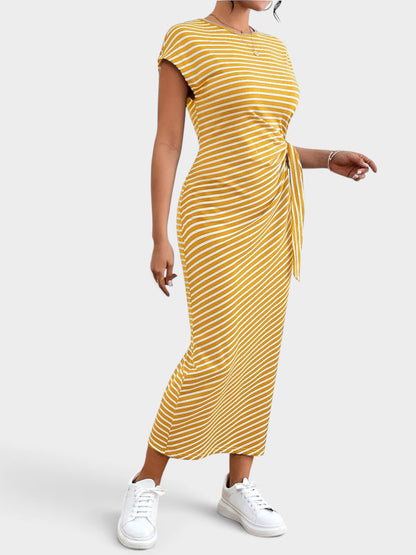 Striped Tie Side Casual Midi Dress
