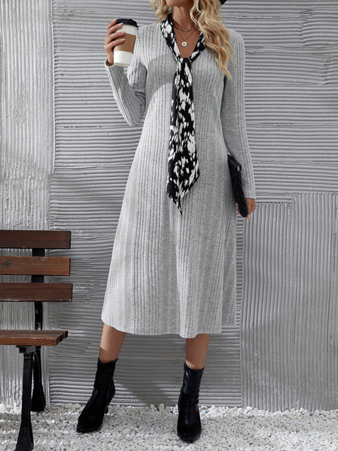 V-Neck Long Sleeve Midi Dress