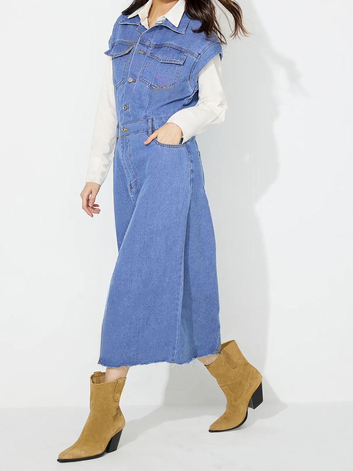 Slit Half Button Collared Neck Cap Sleeve Denim Dress