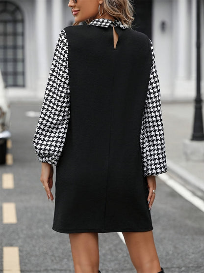 Houndstooth Collared Neck Long Sleeve Mini Dress