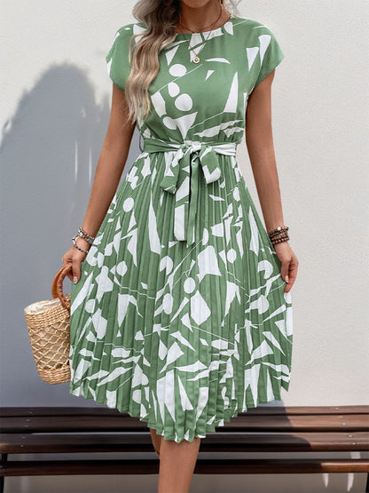 Perfee Tied Pleated Printed Cap Sleeve Dress