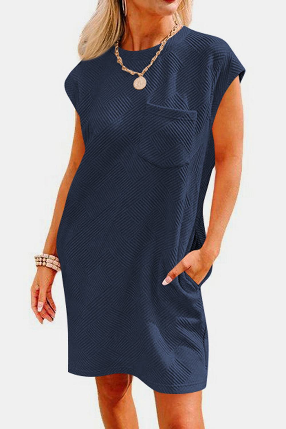 Women's Clothing, Textured Round Neck Cap Sleeve Dress, Front View Dark Navy, Rochelle's House