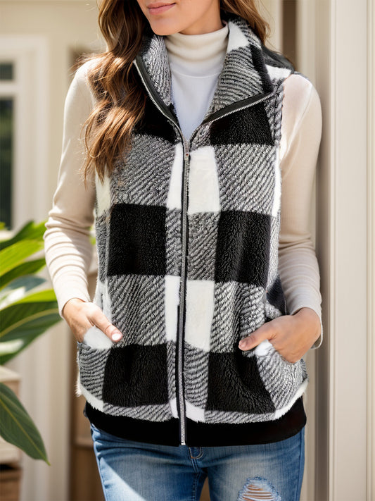 Pocketed Plaid Zip Up Vest Coat