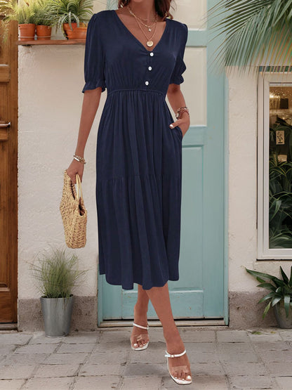 Perfee Ruched V-Neck Half Sleeve Midi Dress