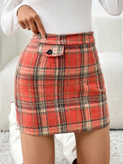 Decorative Button Plaid Mini Skirt