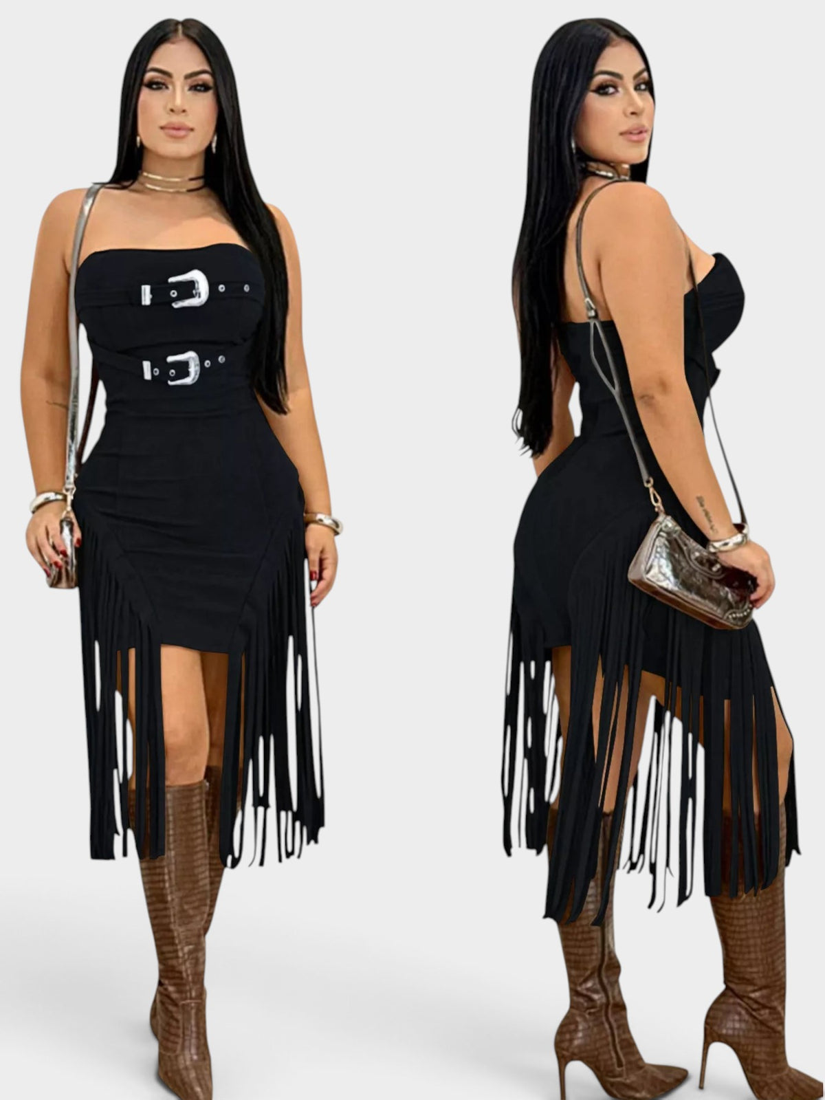 Buckle Detail Fringe Hem Bodycon Dress