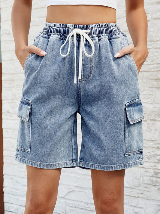 Women's Clothing, Drawstring Denim Shorts with Pockets, Front View, Rochelle's House