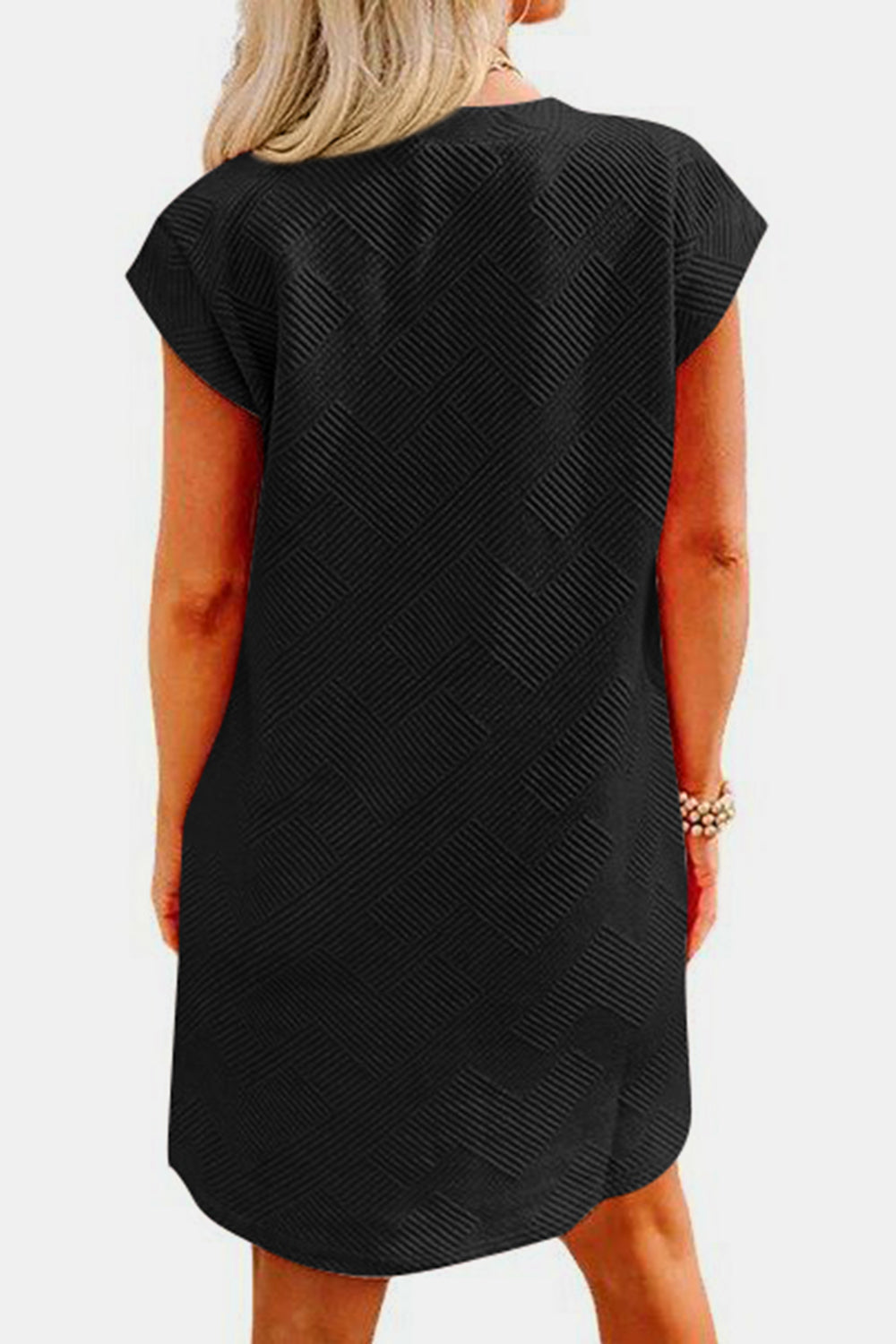 Women's Clothing, Textured Round Neck Cap Sleeve Dress, Back View Black, Rochelle's House