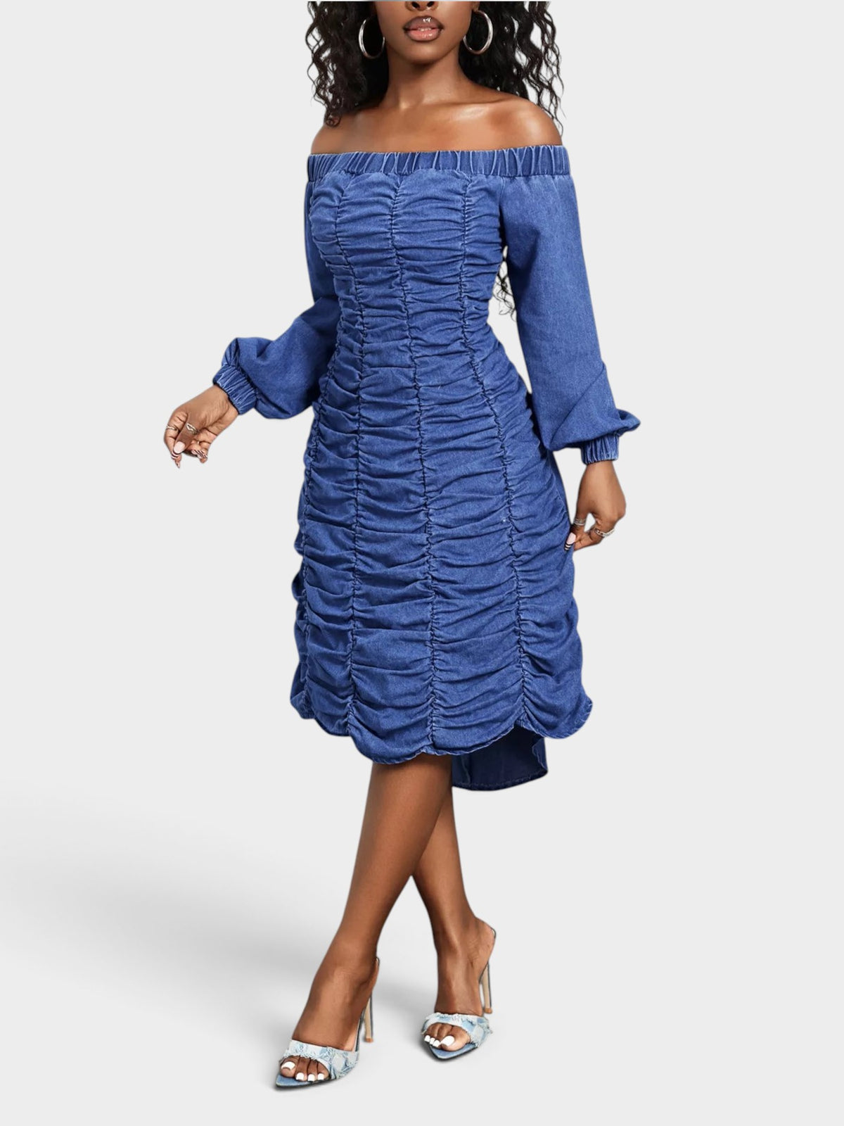 Off-Shoulder Ruched Long Sleeve Denim Dress