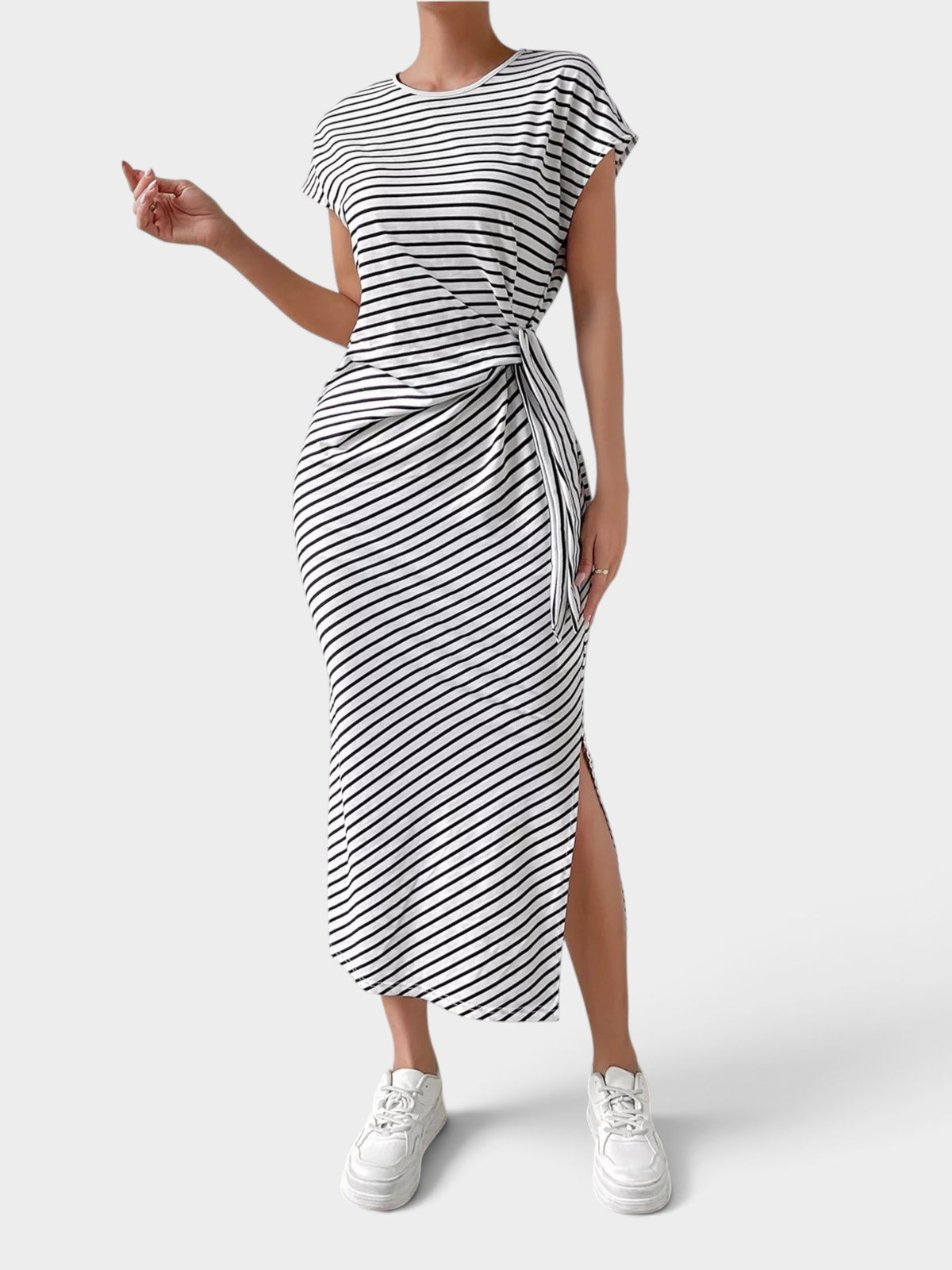 Striped Tie Side Casual Midi Dress