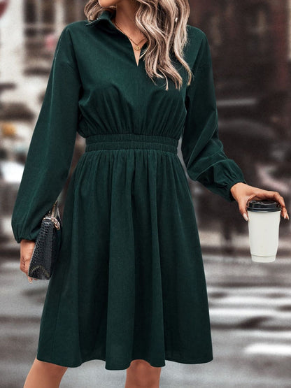 Smocked Johnny Collar Long Sleeve Dress