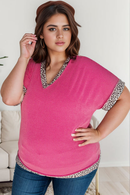 Plus Size Hot Pink Leopard V-Neck Short Sleeve T-Shirt