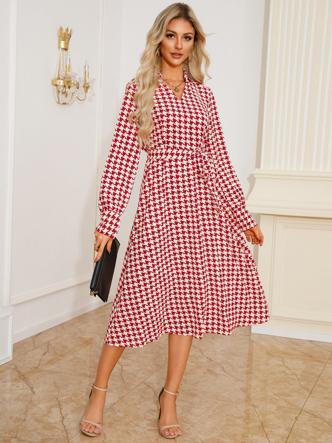 Tied Houndstooth Long Sleeve Midi Dress