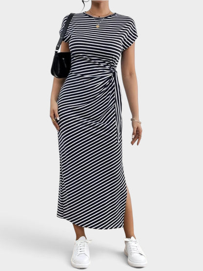 Striped Tie Side Casual Midi Dress