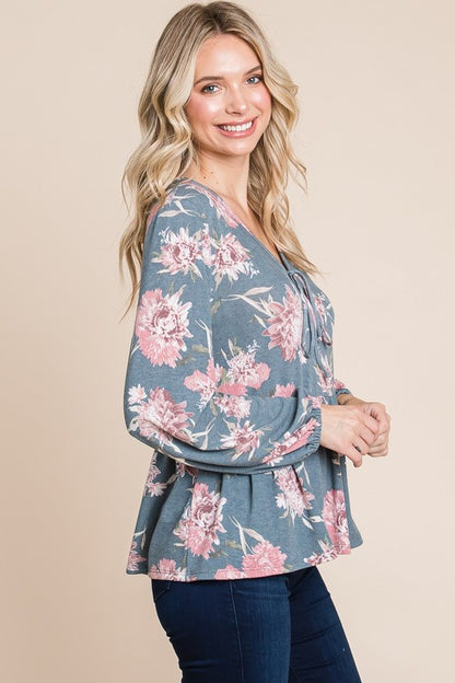 Super Lady Full Size Babydoll Floral Long Sleeve Blouse