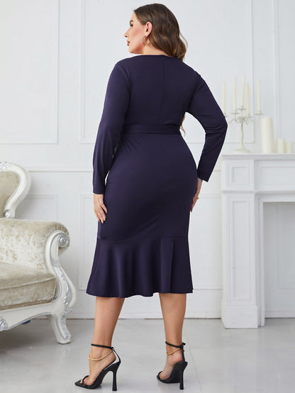 Honey Melo Apparel Plus Size Buttoned Round Neck Tie Belt Midi Dress