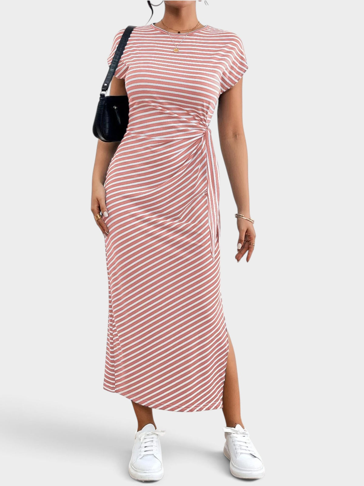 Striped Tie Side Casual Midi Dress